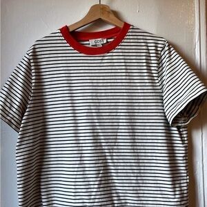 COS Black and White Striped Short Sleeve Tee with Red Trim